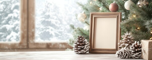 Cozy christmas scene with empty frame, pine cones, and decorated tree by snowy window