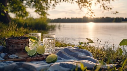 Moderate drinking at a lakeside picnic in the summer. Featuring relaxation and balance