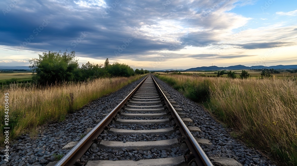 Poster inviting view of a tranquil railway track disappearing into nature under a picturesque sky at sunset