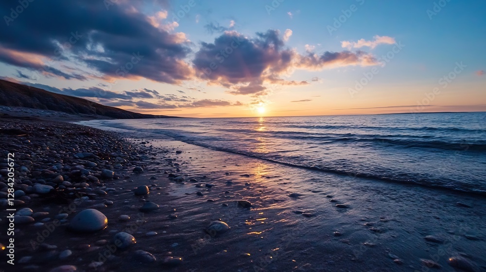 Poster serene beach at sunset with reflections on the calm water and clouds in the colorful sky : generativ