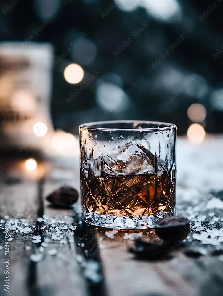 Poster Glass of Whiskey on a Rustic Table Surrounded by Soft Ambient Light and Decorative Elements : Generative AI