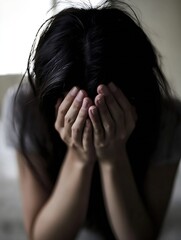 Woman sitting alone with her head in hands expressing deep emotional distress or sadness : Generative AI