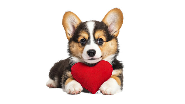 Corgi puppy holds red heart for love expression
