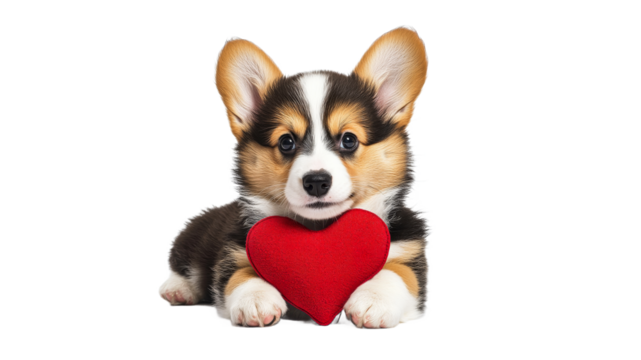 Corgi puppy holds red heart for love expression