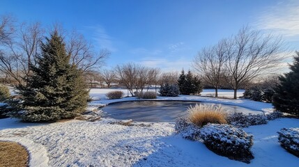 Winter Wonderland: Serene Snow-Covered Pond and Evergreens