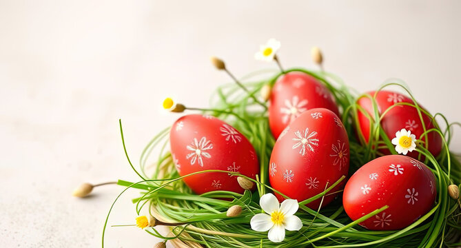 easter basket with red eggs background flowers christianity grass cadles rabbit - ai generated