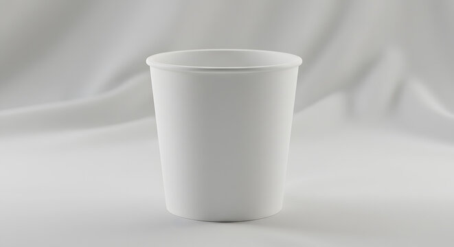 Matte blank 8 oz cup white fabric background soft light subtle texture paper cup style