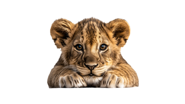 Lion cub resting with a curious expression