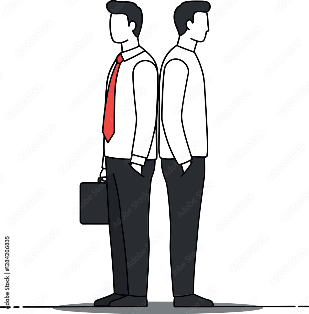 Poster two professional men standing back to back in a minimalist design with contrasting attire showcasing