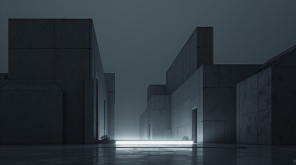 Generative AI Minimalist Concrete Architecture. Gateway To Unknown. architecture minimalist concrete building geometric light dark urban structure pathway mystery future dystopian innovation
