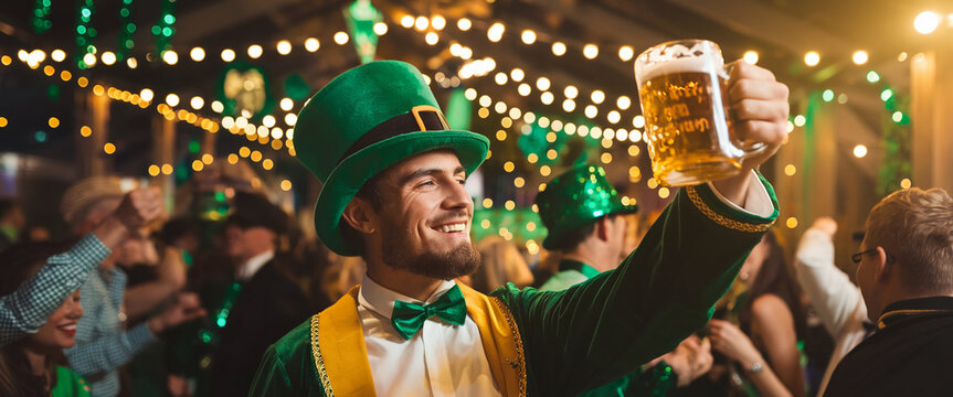 St. Patrick's Day celebration with a man in a green leprechaun costume holding a beer in a lively party atmosphere with glowing lights and festive crowd.