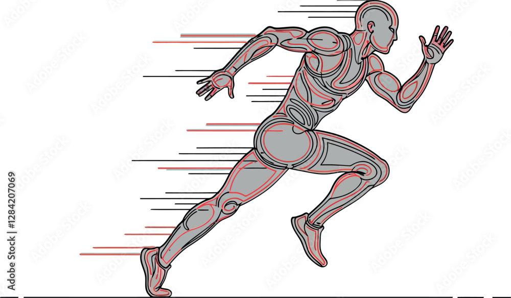 Poster futuristic humanoid athlete sprinting with dynamic motion lines in a detailed minimal design style s