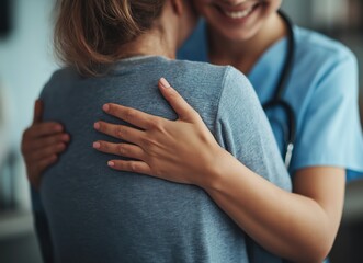 A compassionate nurse in blue scrubs warmly hugs a patient, offering comfort, support, and emotional care in a medical setting.  
