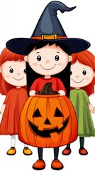 Three Girls in Halloween Costumes with a Jack o' Lantern Pumpkin