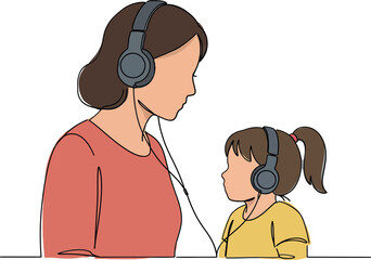 A mother and daughter sharing a joyful moment while listening to music together in minimal vector illustration style
