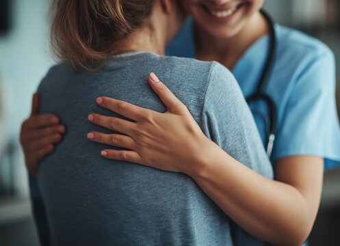 A compassionate nurse in blue scrubs warmly hugs a patient, offering comfort, support, and emotional care in a medical setting.  
