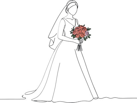 Elegant bride in flowing gown holding vibrant bouquet, minimalist design style, showcasing joy and anticipation in vector art