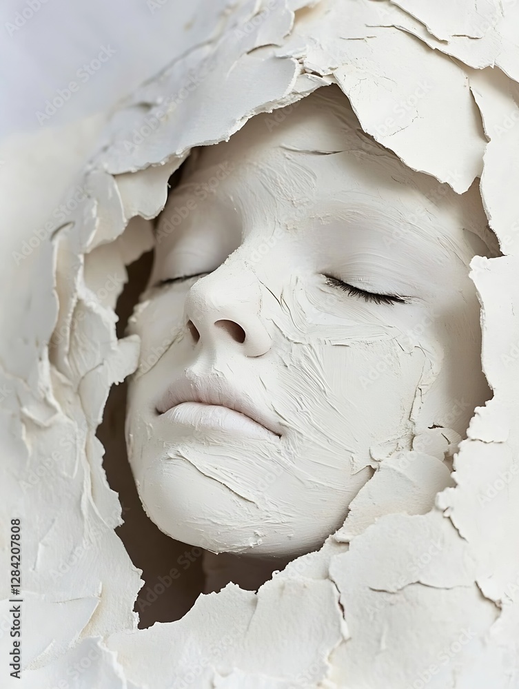 Poster Artistic Representation of a Face Emerging from Cracked Surface Symbolizing Transformation and Emotion : Generative AI