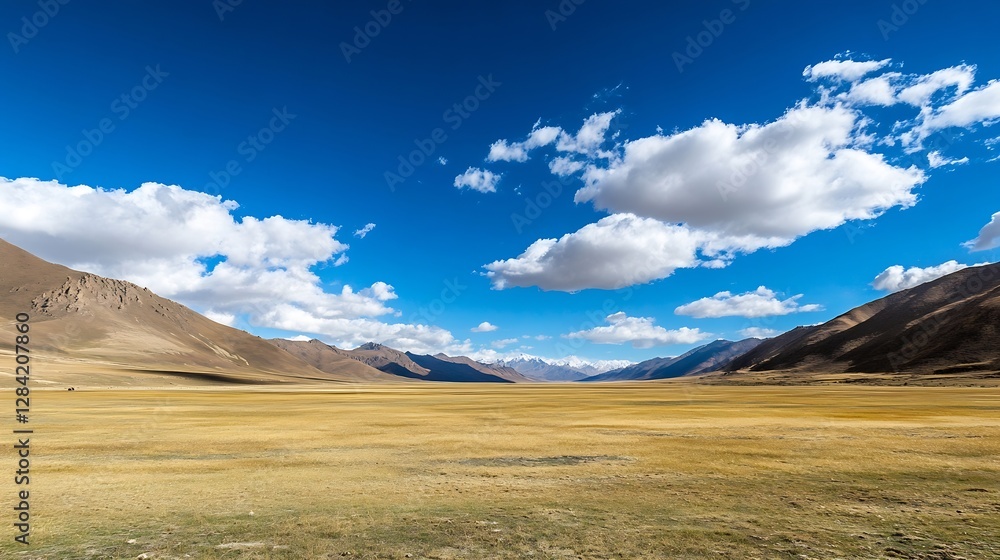 Poster expansive view of a serene landscape featuring rolling hills and vivid blue skies with fluffy white 