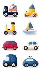 Fototapeta premium Whimsical Cartoon Vehicle Collection Truck, Cars, Sailboat, Scooter in Bright Colors
