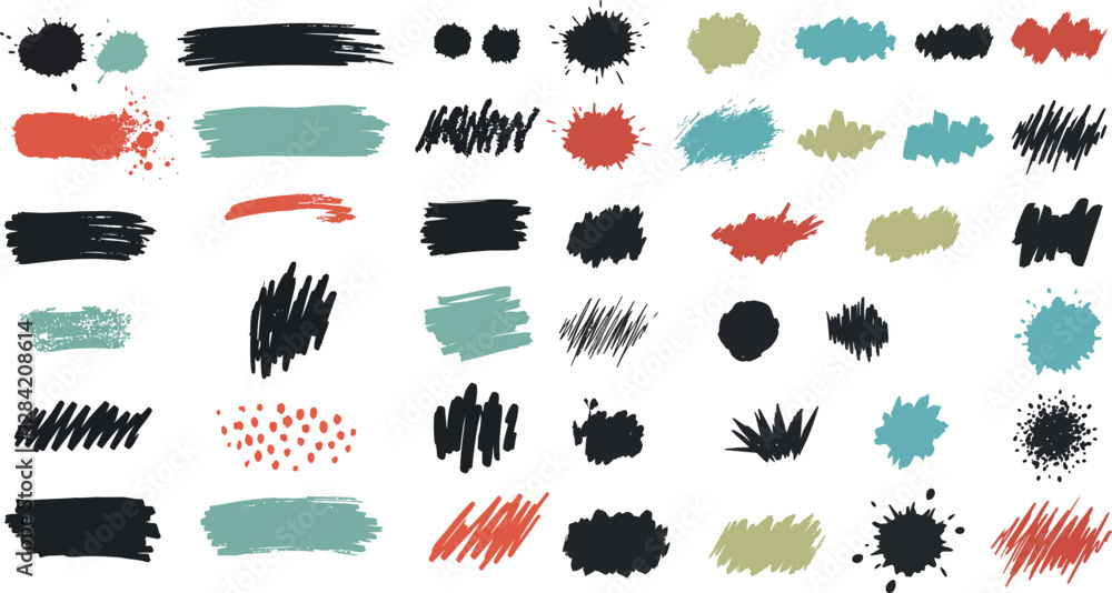 Poster colorful brush stroke patterns in various shapes and sizes, showcasing flat design style, ideal for 