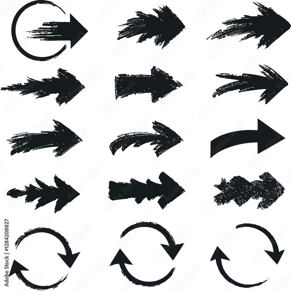 Poster dynamic black arrows in various styles with brushstroke effects, showcasing movement and direction i