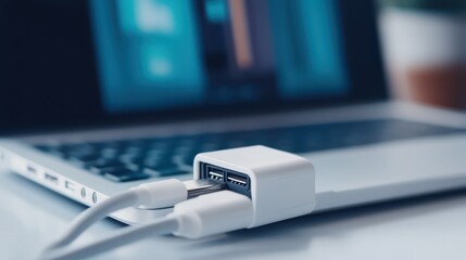 A close-up of a laptop charger and cord neatly coiled, placed on a white surface.