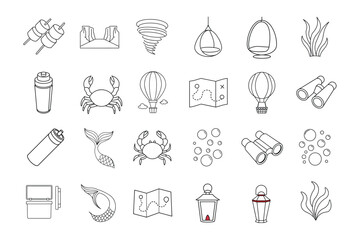 editable line art of summer icon set on white background 