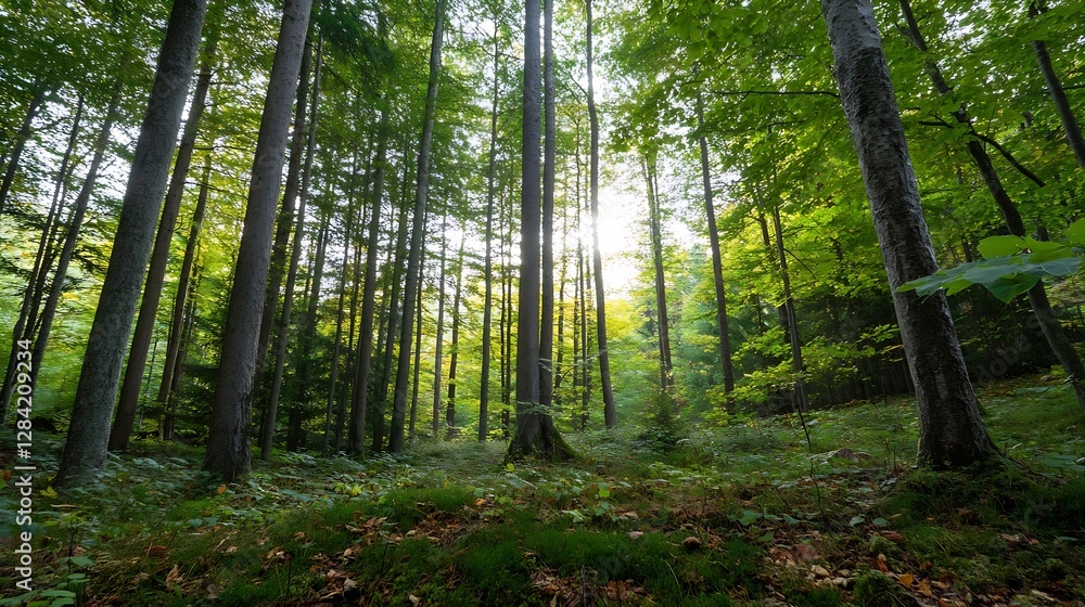 Aufkleber Sunlit forest scenery showing tall trees and lush greenery creating a serene woodland atmosphere : Generative AI