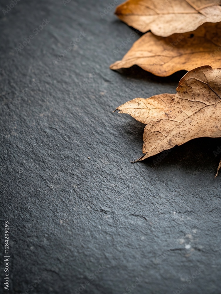 Poster Dried autumn leaves resting on a textured slate surface creating a rustic and natural composition : Generative AI