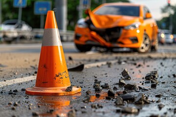 An orange traffic cone stands close to a wrecked orange car, highlighting a scene of a recent accident on a busy road, with debris scattered around. emergency response