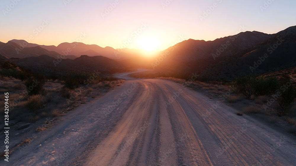 Poster scenic sunset over a dusty road in the mountains with layers of hills and soft light : generative ai