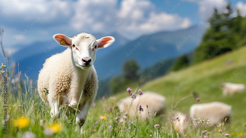 Aufkleber adorable sheep grazing in a lush green meadow with mountains in the background under a bright blue s