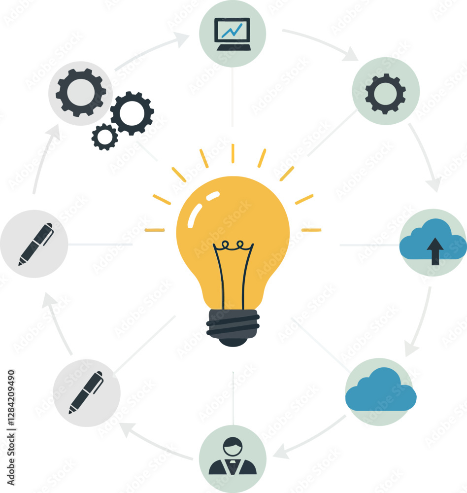 Poster light bulb symbolizing innovation and ideas in a minimal vector illustration with interconnected ele