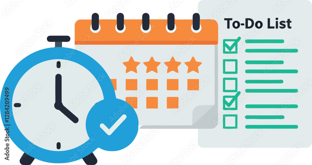 Poster clock, calendar, and checklist representing time management in a flat design style, promoting produc