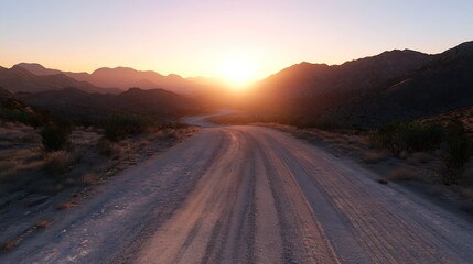Fototapeta premium Scenic Sunset Over a Dusty Road in the Mountains with Layers of Hills and Soft Light : Generative AI