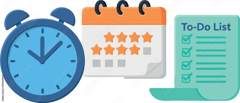 Poster efficient time management tools featuring a clock, calendar with stars, and a checklist in a flat di