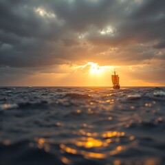 Dramatic Stormy Ocean Sunset, Golden Waves, Lone Ship with Golden Sails on Horizon. Ethereal, Spiritual, Mystical Seascape, Cozy Vibe, Generative AI.