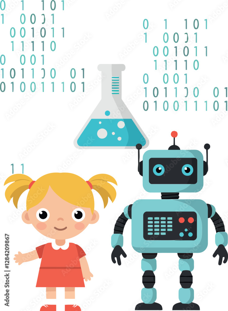 Aufkleber a cheerful girl with pigtails standing beside a friendly robot, surrounded by binary code and a flas