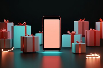 Modern smartphone surrounded by colorful gift boxes on a table
