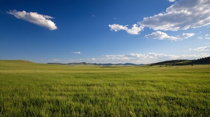 Obraz premium Expansive Green Meadow Under a Bright Blue Sky with Fluffy White Clouds in the Background : Generative AI
