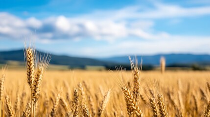 Fototapeta premium Golden wheat field swaying gently under the bright blue sky showcasing the beauty of agricultural landscapes : Generative AI