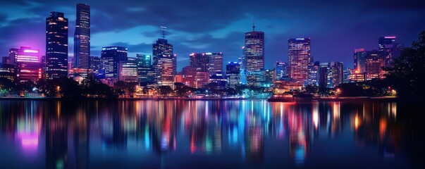 Obraz premium Vibrant city skyline at night with reflective waterfront and colorful lights