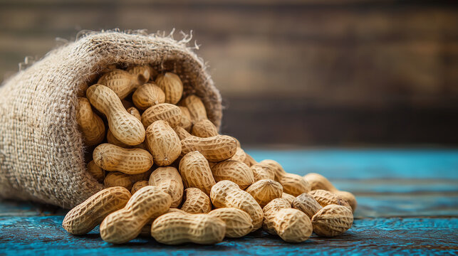 Closeup of raw peanuts in their shells on a wooden table with a natural, organic look