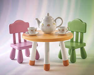 A playful tea party scene featuring a colorful table with a teapot and cups, surrounded by purple and green plastic chairs, perfect for children's play or family fun.