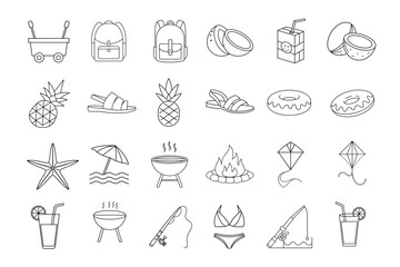 editable line art of summer icon set on white background 