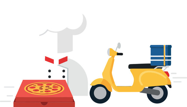 A cheerful pizza chef preparing a delivery with a yellow scooter beside a red pizza box in flat vector art - Powered by Adobe