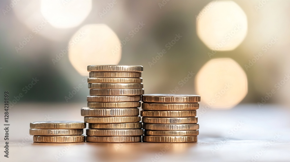 Poster close up of stacked coins representing financial growth and saving strategy in a soft blurred backgr