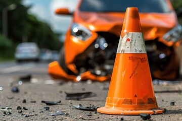 Close-up of an orange traffic cone at the scene of a car accident with a damaged vehicle in the background, conveying urgency and caution. emergency response