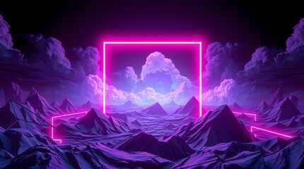 Neon Portal in Futuristic Landscape, Glowing Square Frame and Stormy Clouds, 3D Rendering, Generative AI.